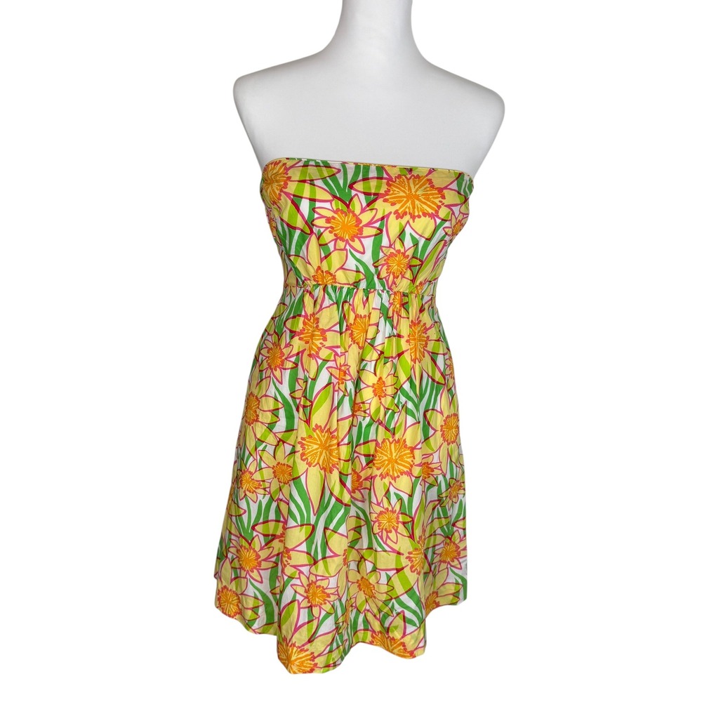 Lilly Pulitzer Wyatt Strapless‎ Cotton Sun Dress Yellow Green Daffodils Size 0